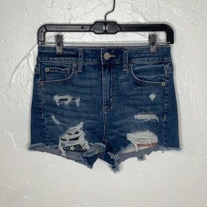 AEO Hi rise shortie Next Level stretch X Patriotic destroyed jean short SZ 4 EUC